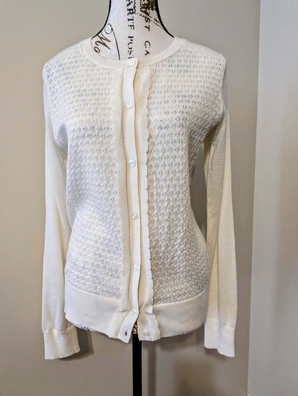 Ann Taylor Loft Cream White Cardigan Pointelle Scallop Button Open Knit M